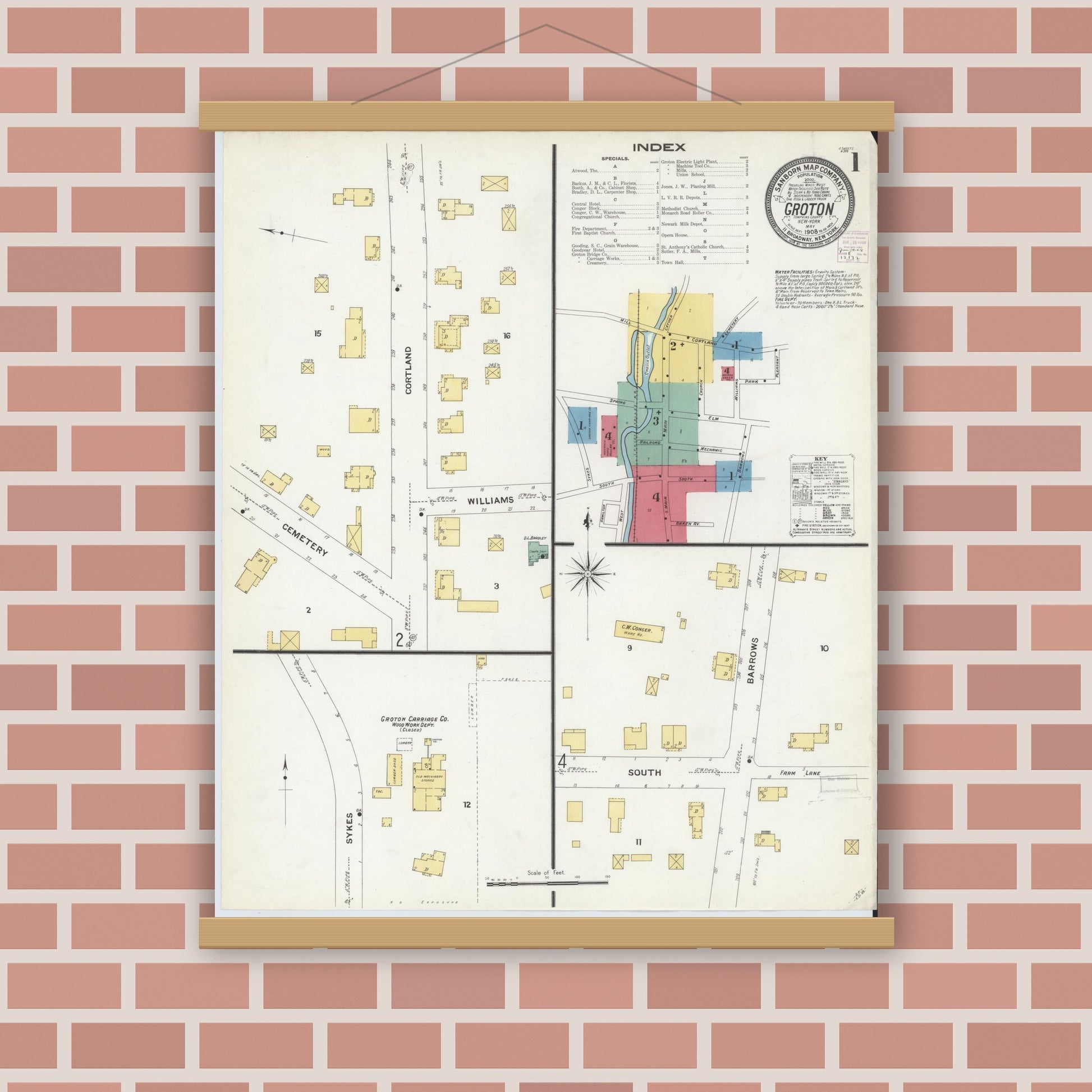 Old map wall art mockup — magnetic wood frame on brick wall — Sanborn Fire Insurance Map from Groton, Tomkins County, New York (1908) - Complete Map Set