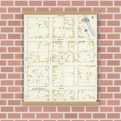 Old map wall art mockup — magnetic wood frame on brick wall — Sanborn Fire Insurance Map from San Benito, Cameron County, Texas (1917), Sheet #0006