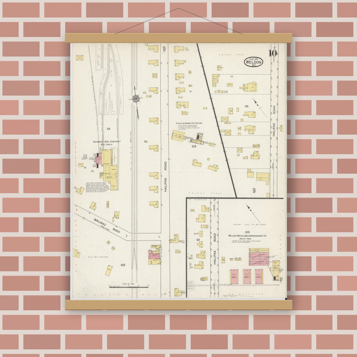 Old map wall art mockup — magnetic wood frame on brick wall — Sanborn Fire Insurance Map from Weldon, Halifax County, North Carolina (1915), Sheet #0010