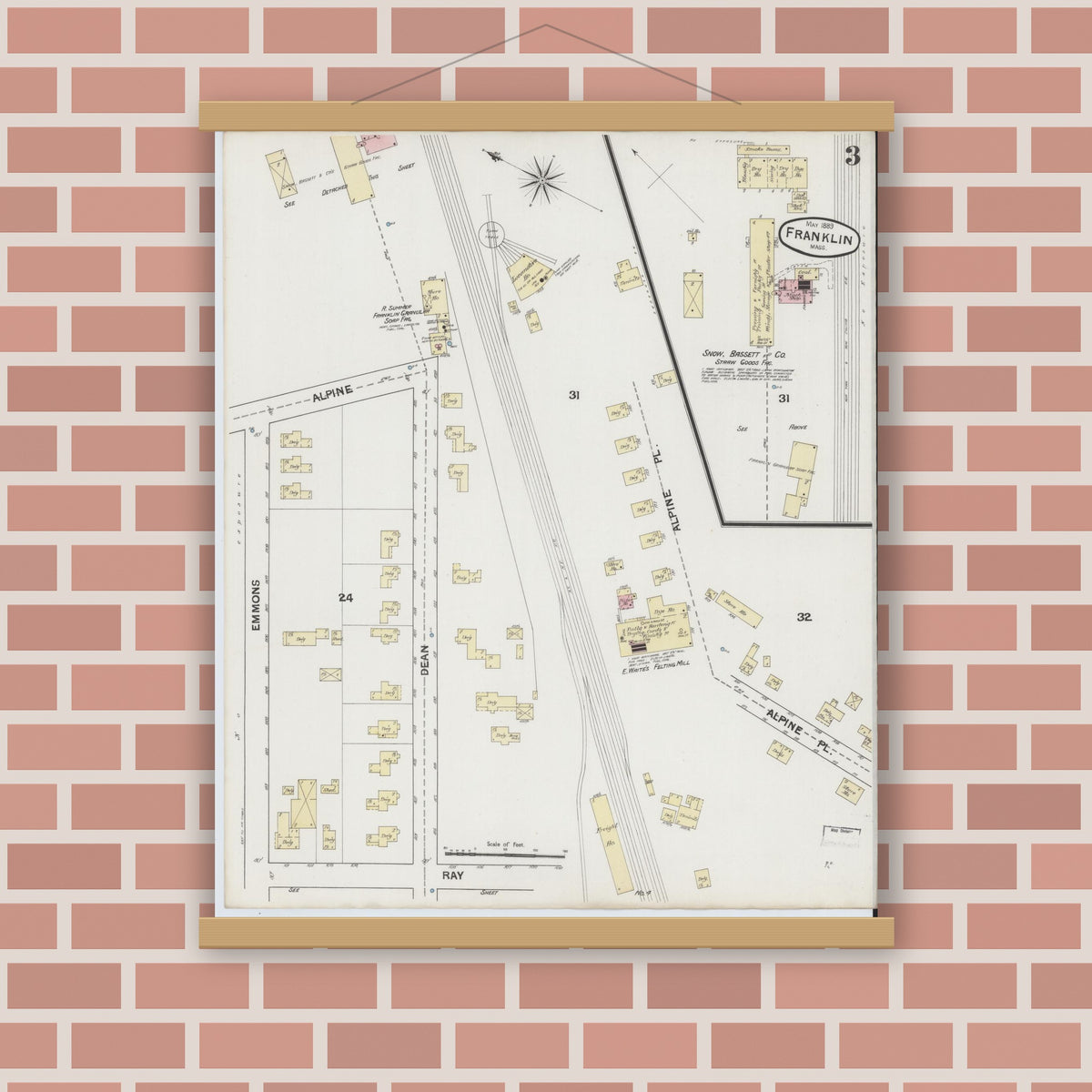 Old map wall art mockup — magnetic wood frame on brick wall — Sanborn Fire Insurance Map from Franklin, Norfolk County, Massachusetts (1889), Sheet #0003
