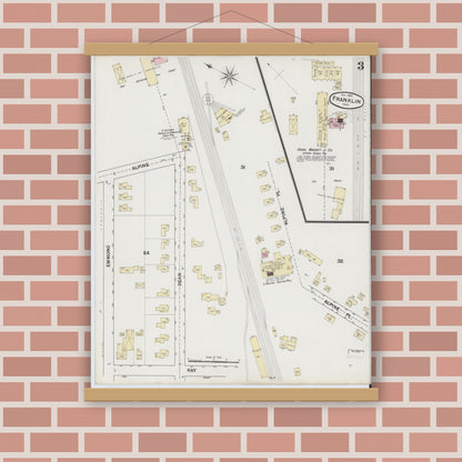 Old map wall art mockup — magnetic wood frame on brick wall — Sanborn Fire Insurance Map from Franklin, Norfolk County, Massachusetts (1889), Sheet #0003