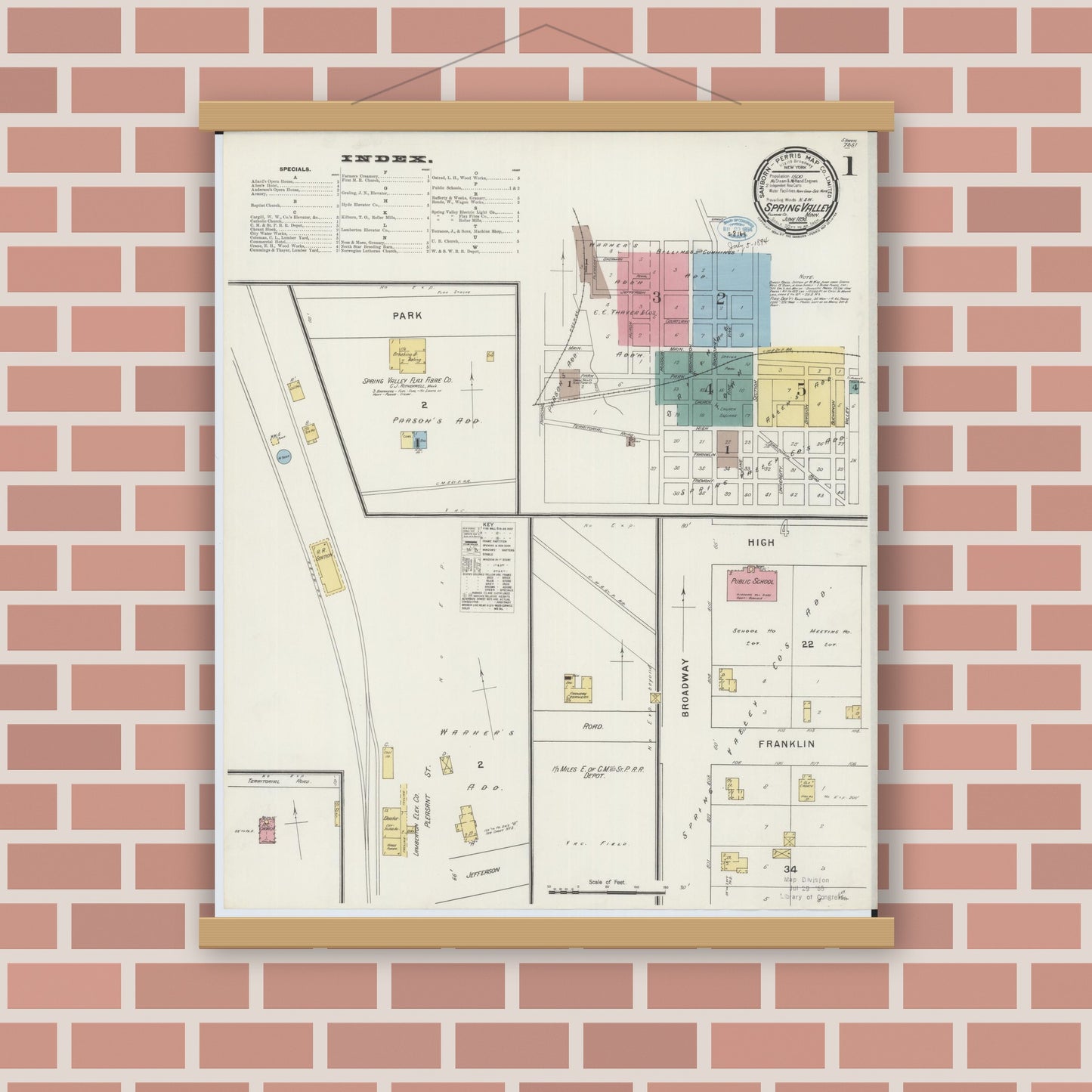 Old map wall art mockup — magnetic wood frame on brick wall — Sanborn Fire Insurance Map from Spring Valley, Fillmore County, Minnesota (1894) - Complete Map Set