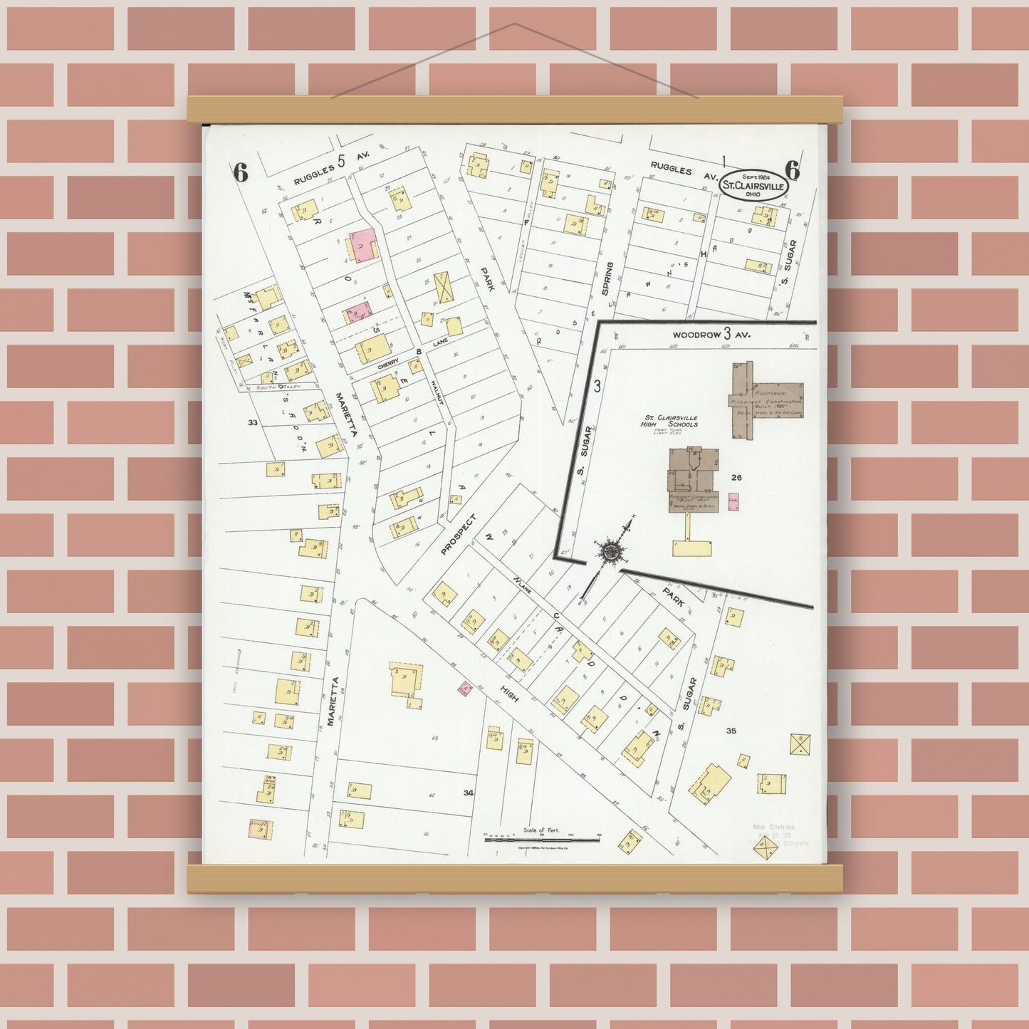 Old map wall art mockup — magnetic wood frame on brick wall — Sanborn Fire Insurance Map from Saint Clairsville, Belmont County, Ohio (1924), Sheet #0006