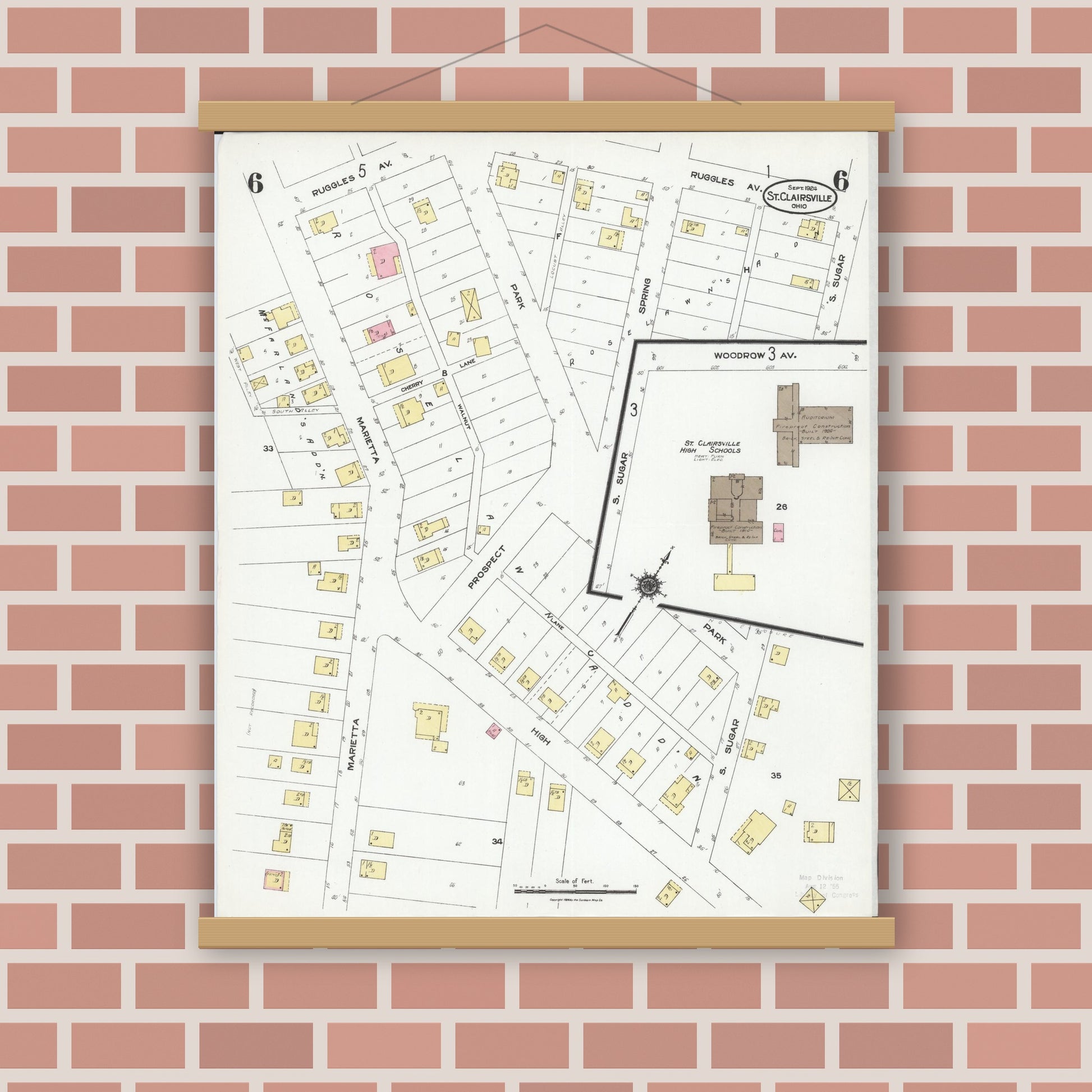 Old map wall art mockup — magnetic wood frame on brick wall — Sanborn Fire Insurance Map from Saint Clairsville, Belmont County, Ohio (1924), Sheet #0006