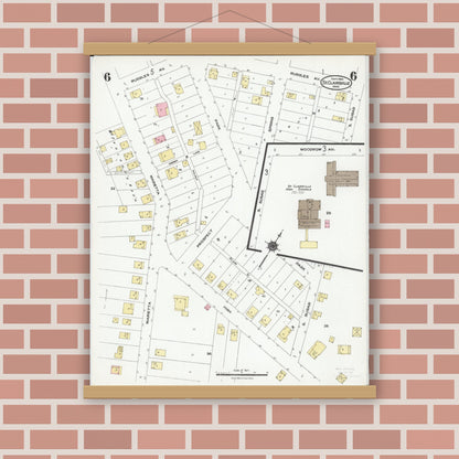 Old map wall art mockup — magnetic wood frame on brick wall — Sanborn Fire Insurance Map from Saint Clairsville, Belmont County, Ohio (1924), Sheet #0006
