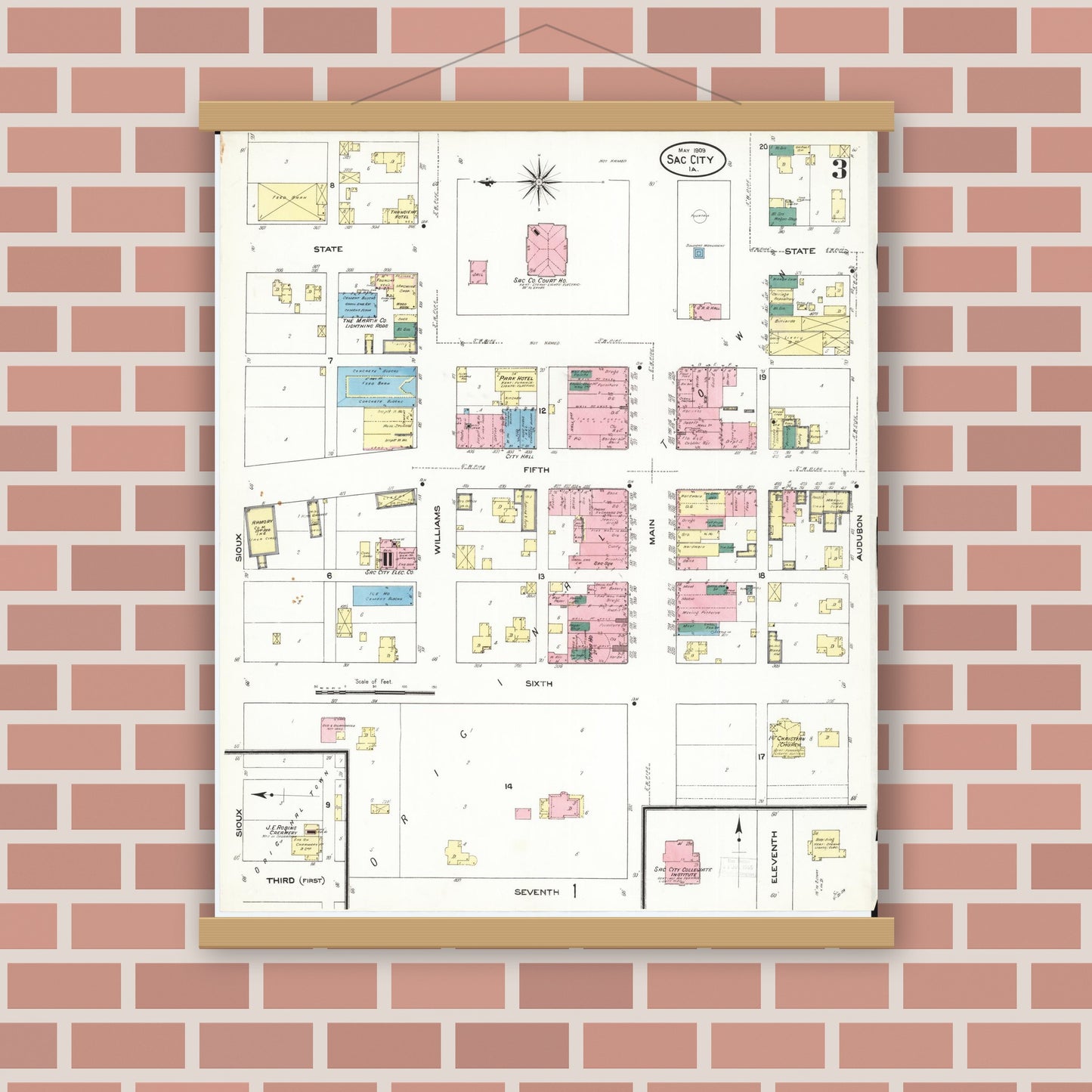 Old map wall art mockup — magnetic wood frame on brick wall — Sanborn Fire Insurance Map from Sac City, Sac County, Iowa (1909), Sheet #0003