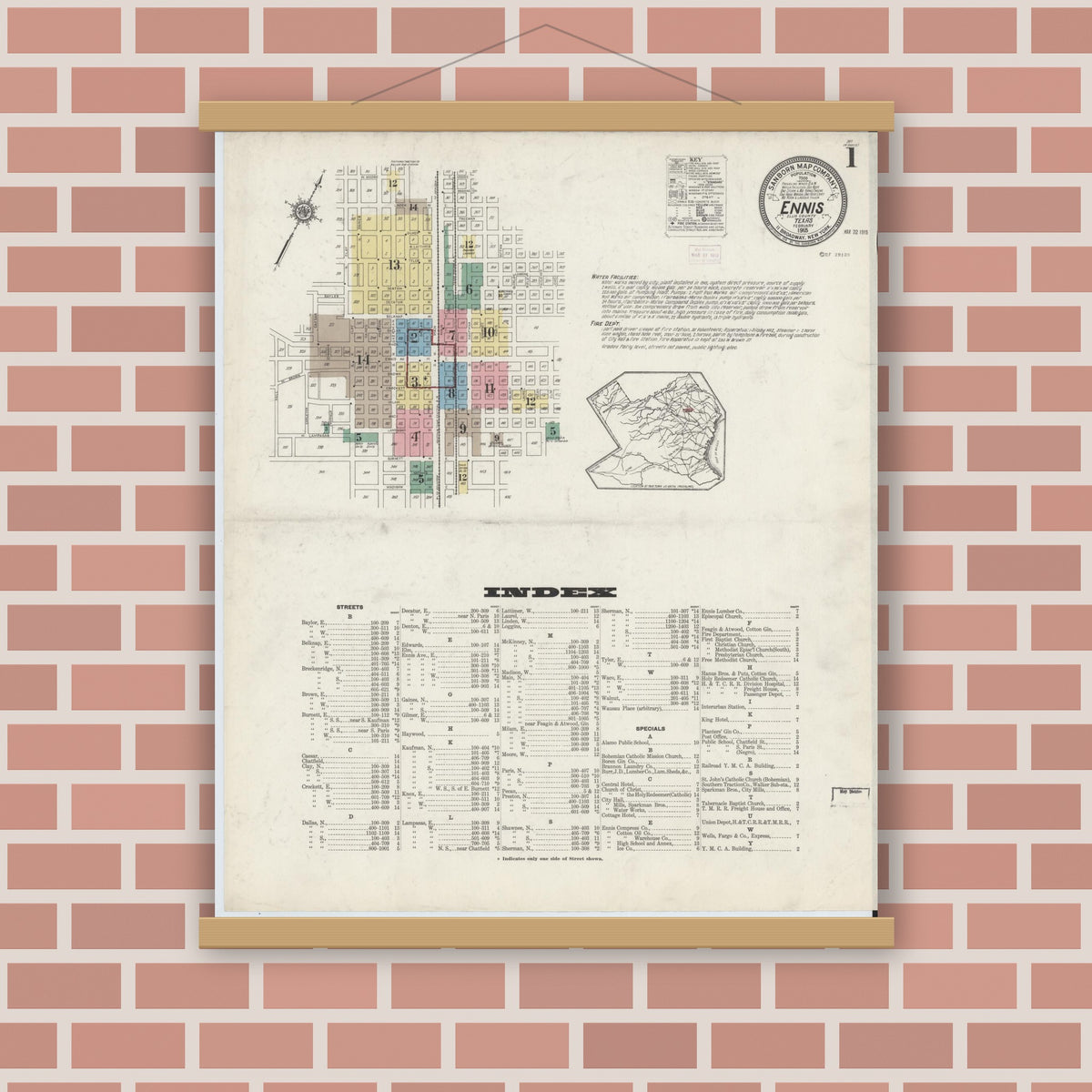 Old map wall art mockup — magnetic wood frame on brick wall — Sanborn Fire Insurance Map from Ennis, Ellis County, Texas (1915) - Complete Map Set