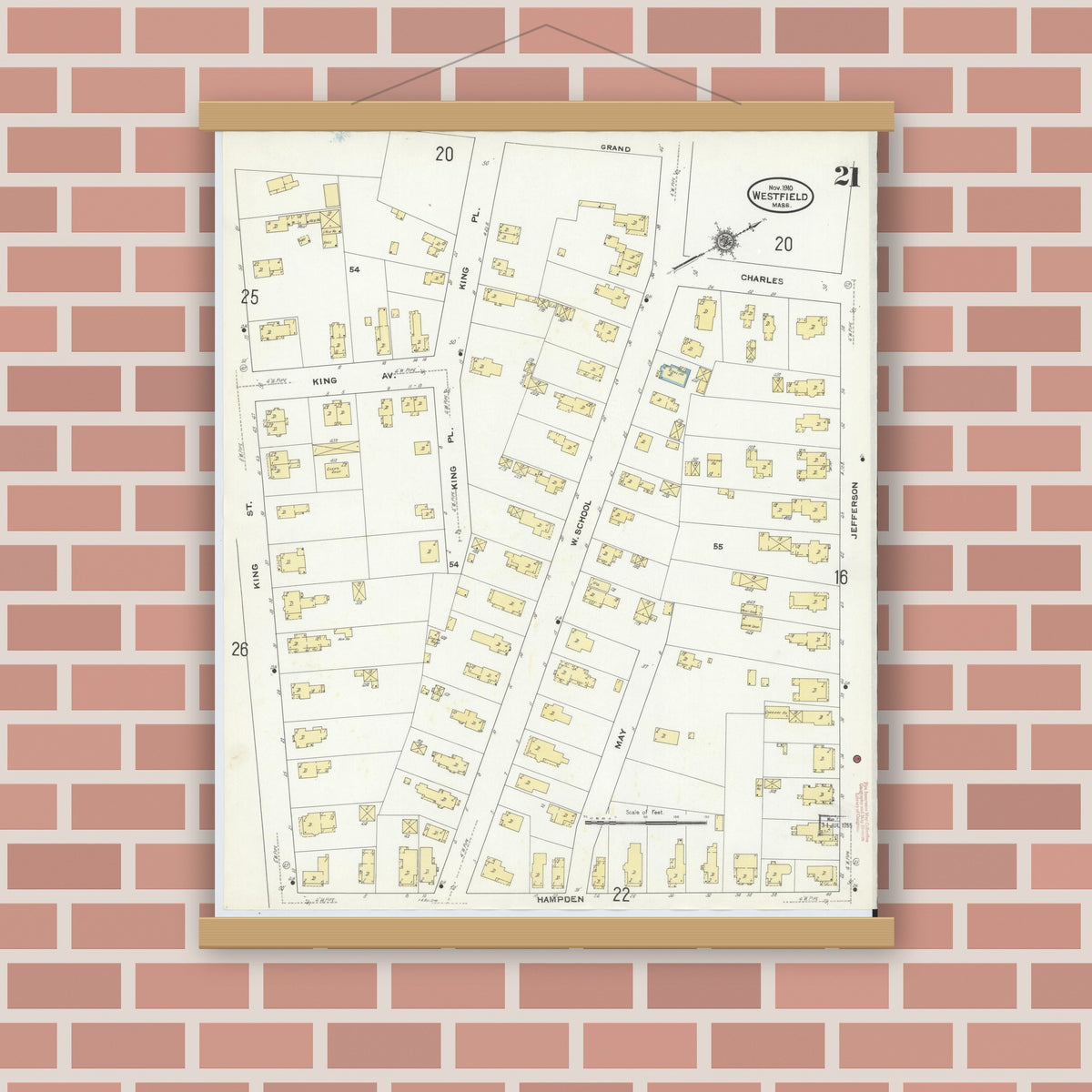 Old map wall art mockup — magnetic wood frame on brick wall — Sanborn Fire Insurance Map from Westfield, Hampden County, Massachusetts (1910), Sheet #0021