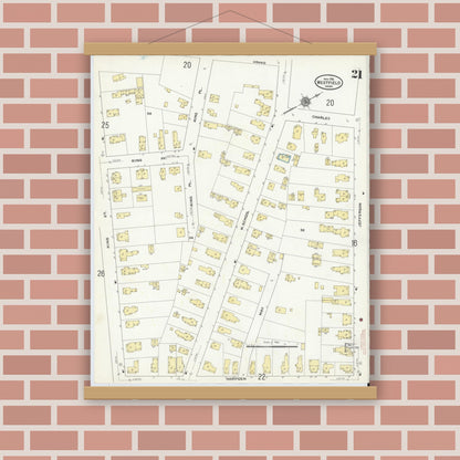 Old map wall art mockup — magnetic wood frame on brick wall — Sanborn Fire Insurance Map from Westfield, Hampden County, Massachusetts (1910), Sheet #0021