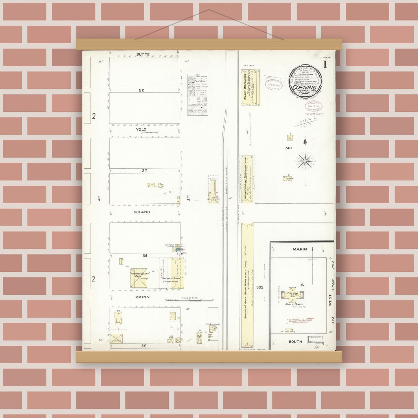Old map wall art mockup — magnetic wood frame on brick wall — Sanborn Fire Insurance Map from Corning, Tehama County, California (1897), Sheet #0001