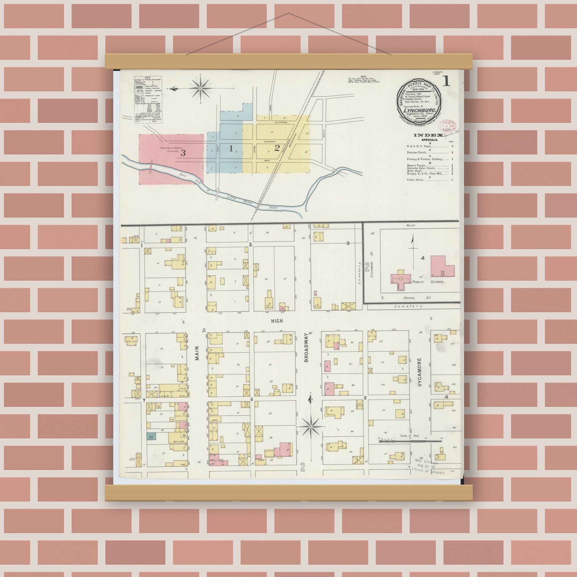 Old map wall art mockup — magnetic wood frame on brick wall — Sanborn Fire Insurance Map from Lynchburg, Highland County, Ohio (1895) - Complete Map Set