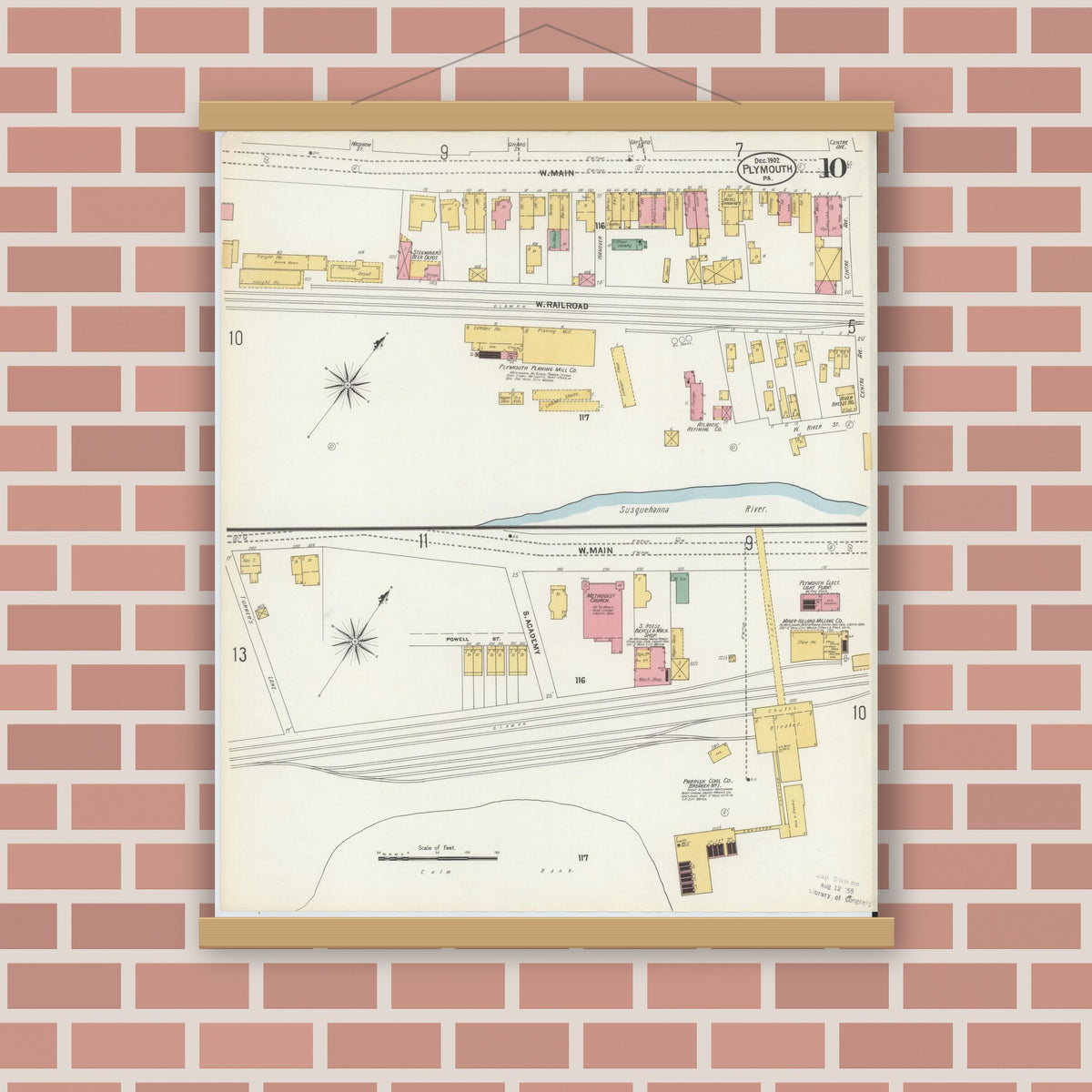 Old map wall art mockup — magnetic wood frame on brick wall — Sanborn Fire Insurance Map from Plymouth, Luzerne County, Pennsylvania (1902), Sheet #0010