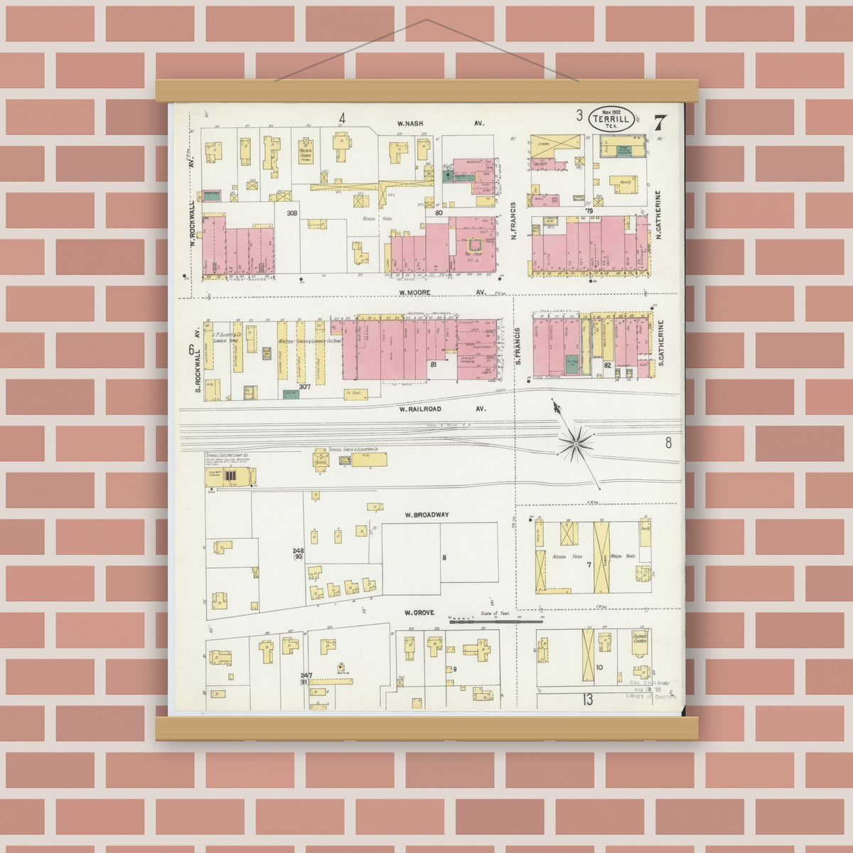 Old map wall art mockup — magnetic wood frame on brick wall — Sanborn Fire Insurance Map from Terrell, Kaufman County, Texas (1902), Sheet #0007