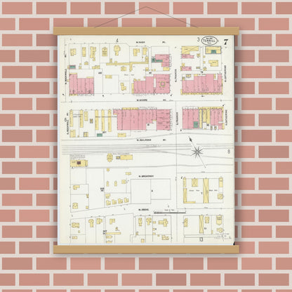 Old map wall art mockup — magnetic wood frame on brick wall — Sanborn Fire Insurance Map from Terrell, Kaufman County, Texas (1902), Sheet #0007