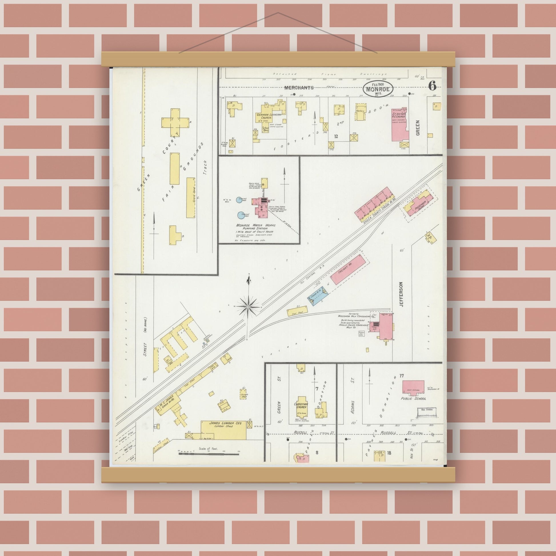 Old map wall art mockup — magnetic wood frame on brick wall — Sanborn Fire Insurance Map from Monroe, Green County, Wisconsin (1900), Sheet #0006