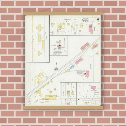 Old map wall art mockup — magnetic wood frame on brick wall — Sanborn Fire Insurance Map from Monroe, Green County, Wisconsin (1900), Sheet #0006