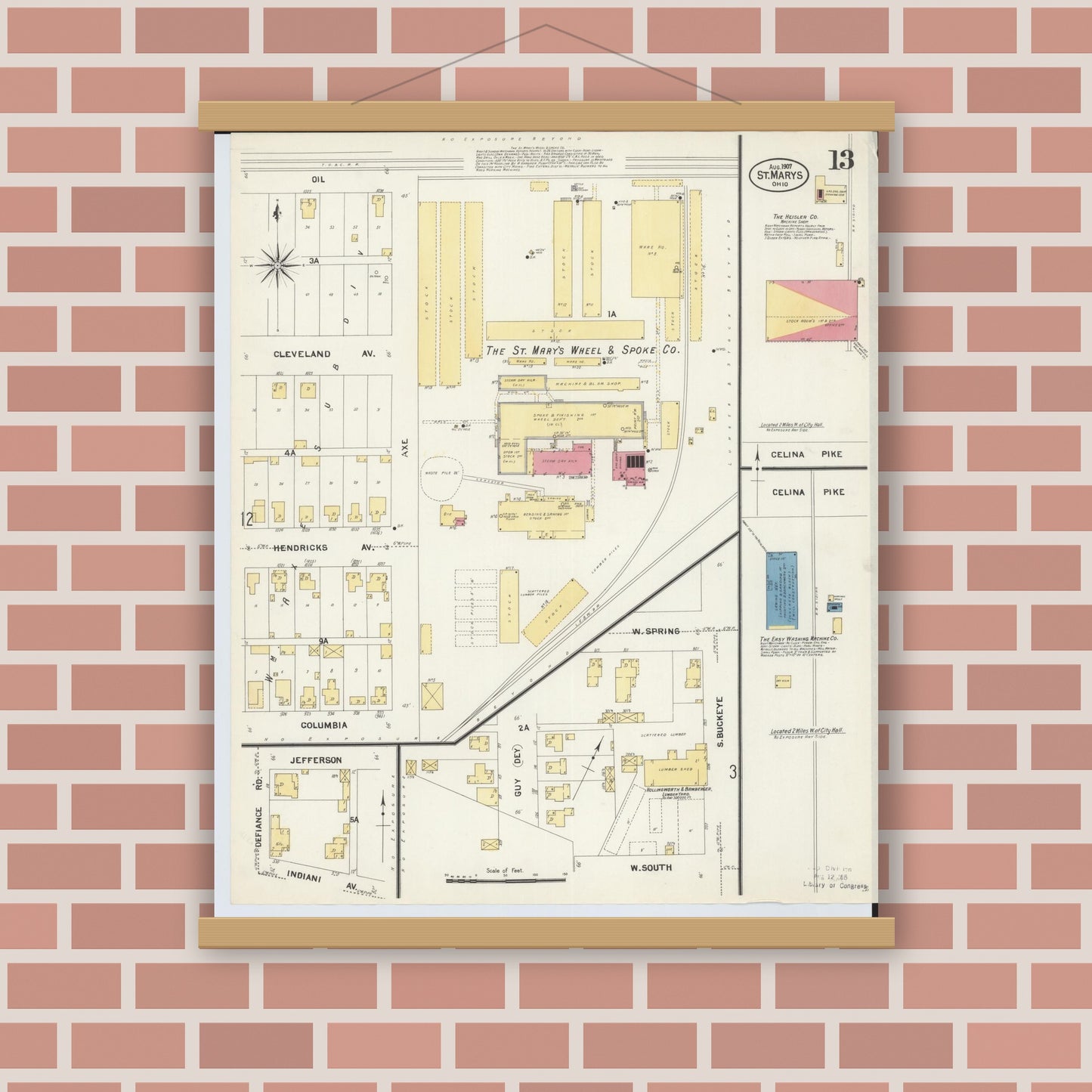 Old map wall art mockup — magnetic wood frame on brick wall — Sanborn Fire Insurance Map from Saint Marys, Auglaize County, Ohio (1907), Sheet #0013