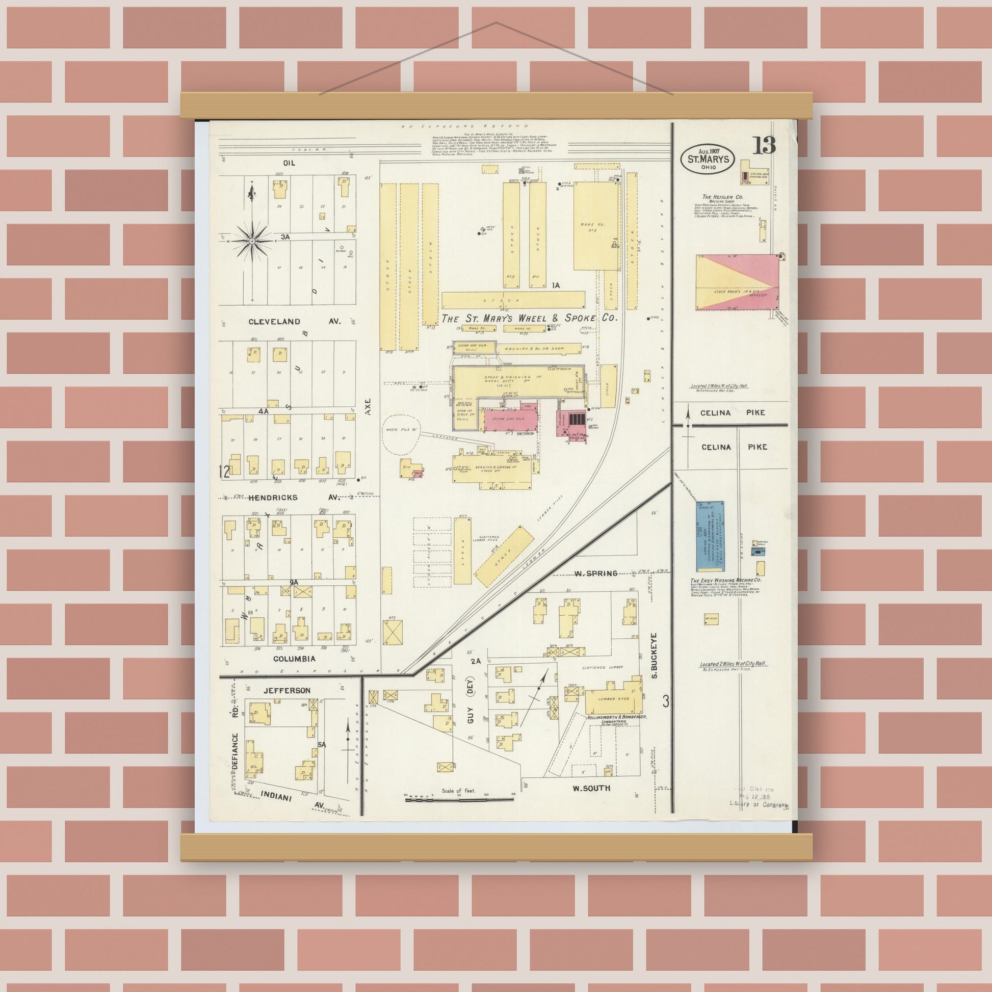 Old map wall art mockup — magnetic wood frame on brick wall — Sanborn Fire Insurance Map from Saint Marys, Auglaize County, Ohio (1907), Sheet #0013