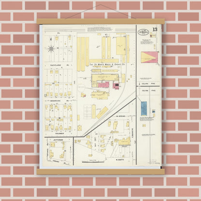 Old map wall art mockup — magnetic wood frame on brick wall — Sanborn Fire Insurance Map from Saint Marys, Auglaize County, Ohio (1907), Sheet #0013