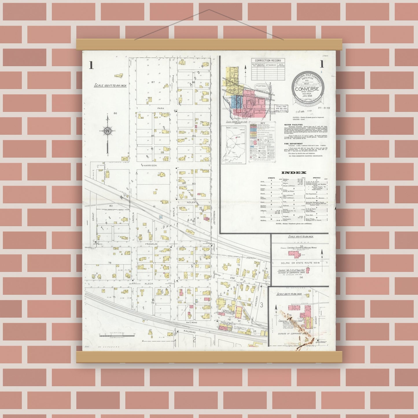 Old map wall art mockup — magnetic wood frame on brick wall — Sanborn Fire Insurance Map from Converse, Miami County, Indiana (1938) - Complete Map Set