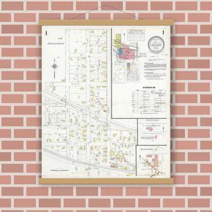 Old map wall art mockup — magnetic wood frame on brick wall — Sanborn Fire Insurance Map from Converse, Miami County, Indiana (1938) - Complete Map Set