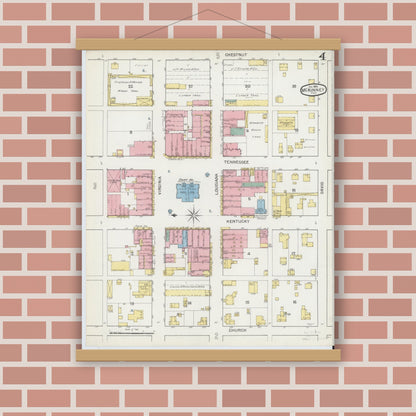 Old map wall art mockup — magnetic wood frame on brick wall — Sanborn Fire Insurance Map from McKinney, Collin County, Texas (1892), Sheet #0004