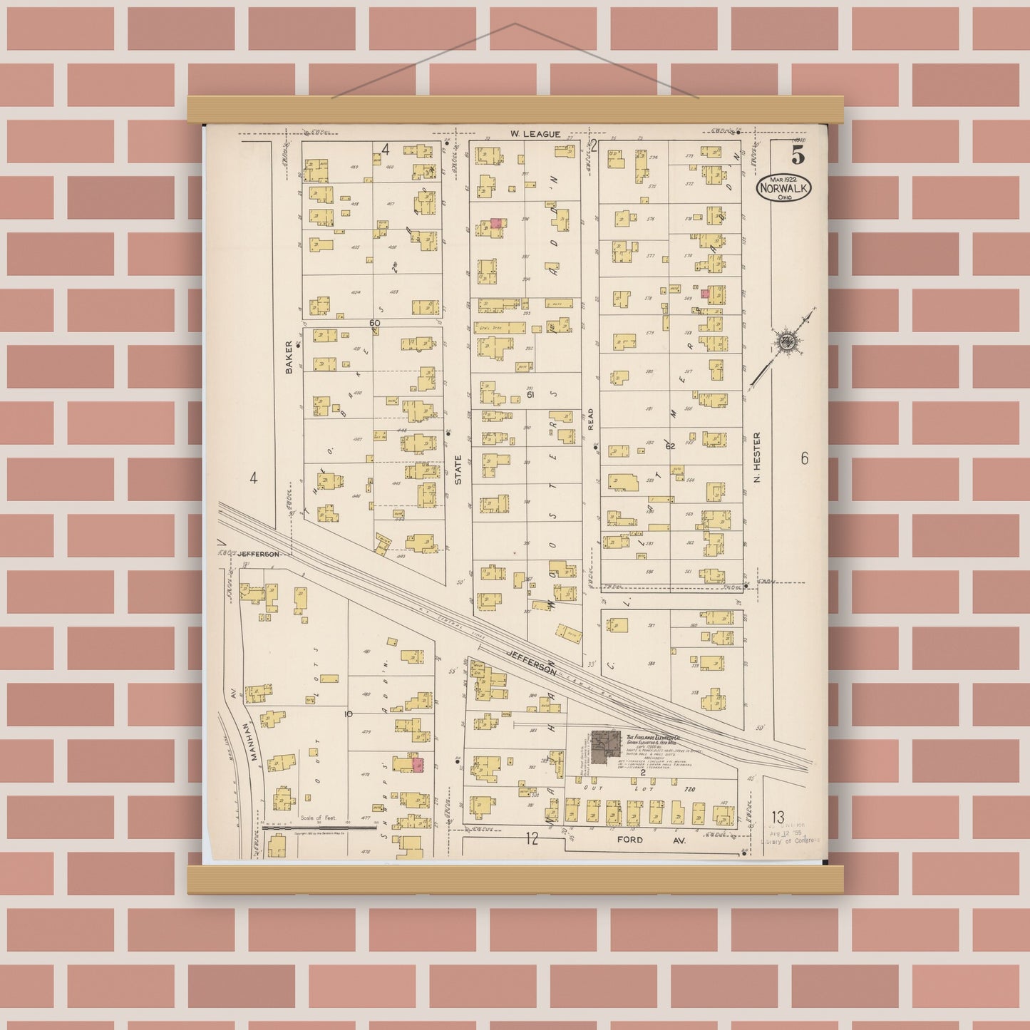 Old map wall art mockup — magnetic wood frame on brick wall — Sanborn Fire Insurance Map from Norwalk, Huron County, Ohio (1922), Sheet #0005