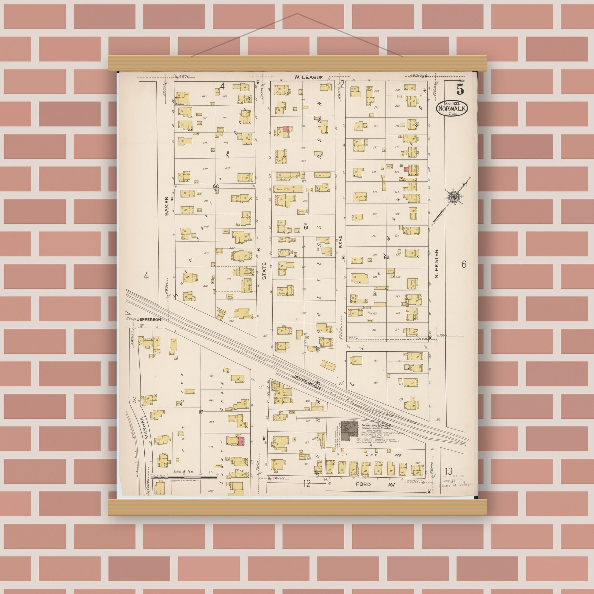 Old map wall art mockup — magnetic wood frame on brick wall — Sanborn Fire Insurance Map from Norwalk, Huron County, Ohio (1922), Sheet #0005