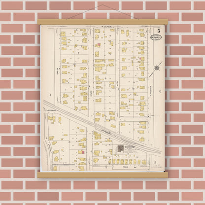 Old map wall art mockup — magnetic wood frame on brick wall — Sanborn Fire Insurance Map from Norwalk, Huron County, Ohio (1922), Sheet #0005