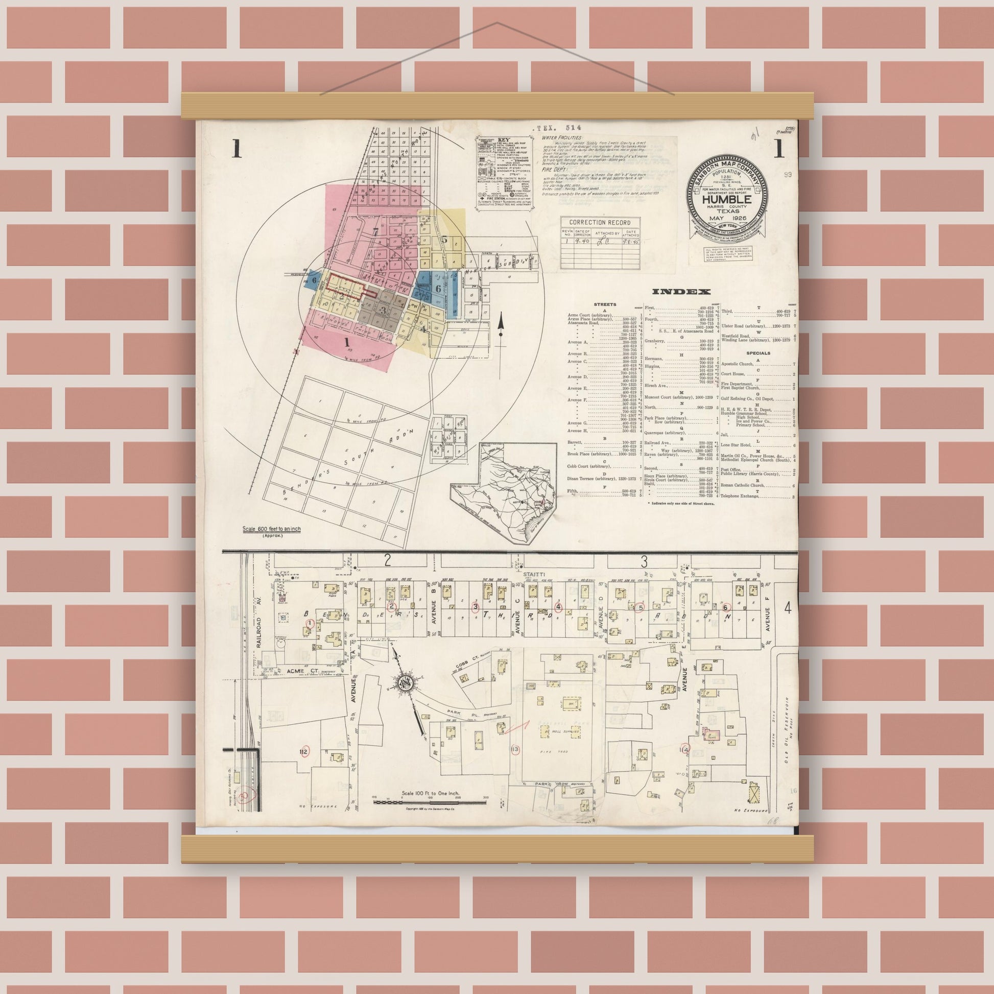 Old map wall art mockup — magnetic wood frame on brick wall — Sanborn Fire Insurance Map from Humble, Harris County, Texas (1940), Sheet #0001