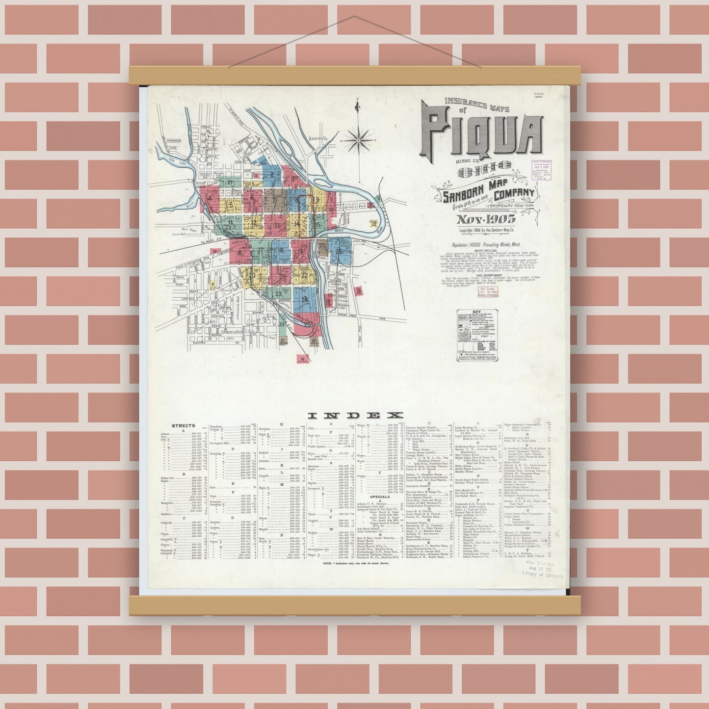 Old map wall art mockup — magnetic wood frame on brick wall — Sanborn Fire Insurance Map from Piqua, Miami County, Ohio (1905) - Complete Map Set
