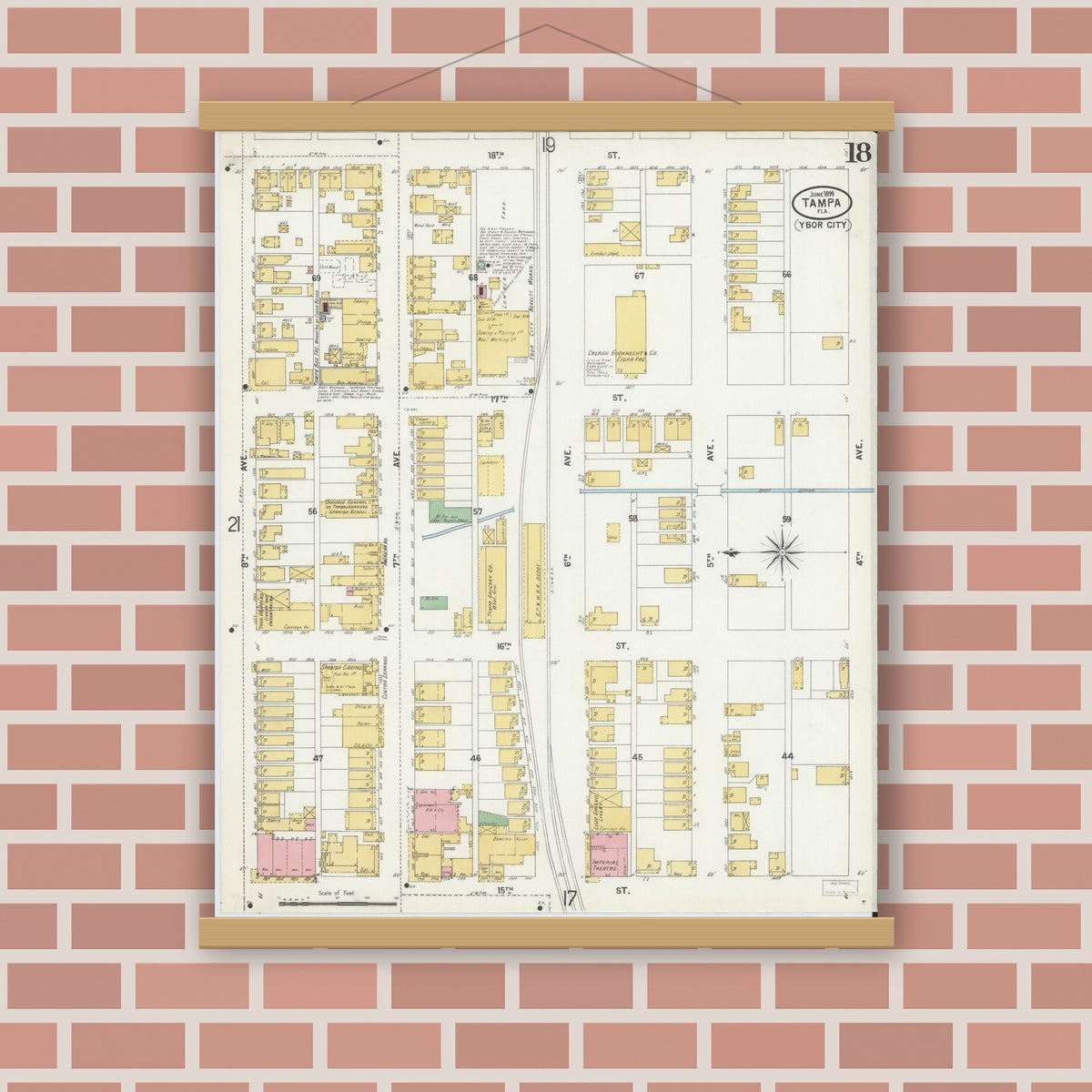 Old map wall art mockup — magnetic wood frame on brick wall — Sanborn Fire Insurance Map from Tampa, Hillsborough County, Florida (1899), Sheet #0018