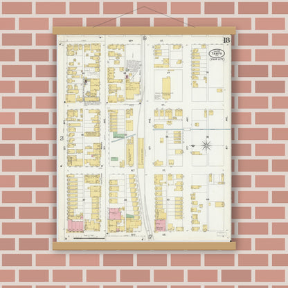 Old map wall art mockup — magnetic wood frame on brick wall — Sanborn Fire Insurance Map from Tampa, Hillsborough County, Florida (1899), Sheet #0018