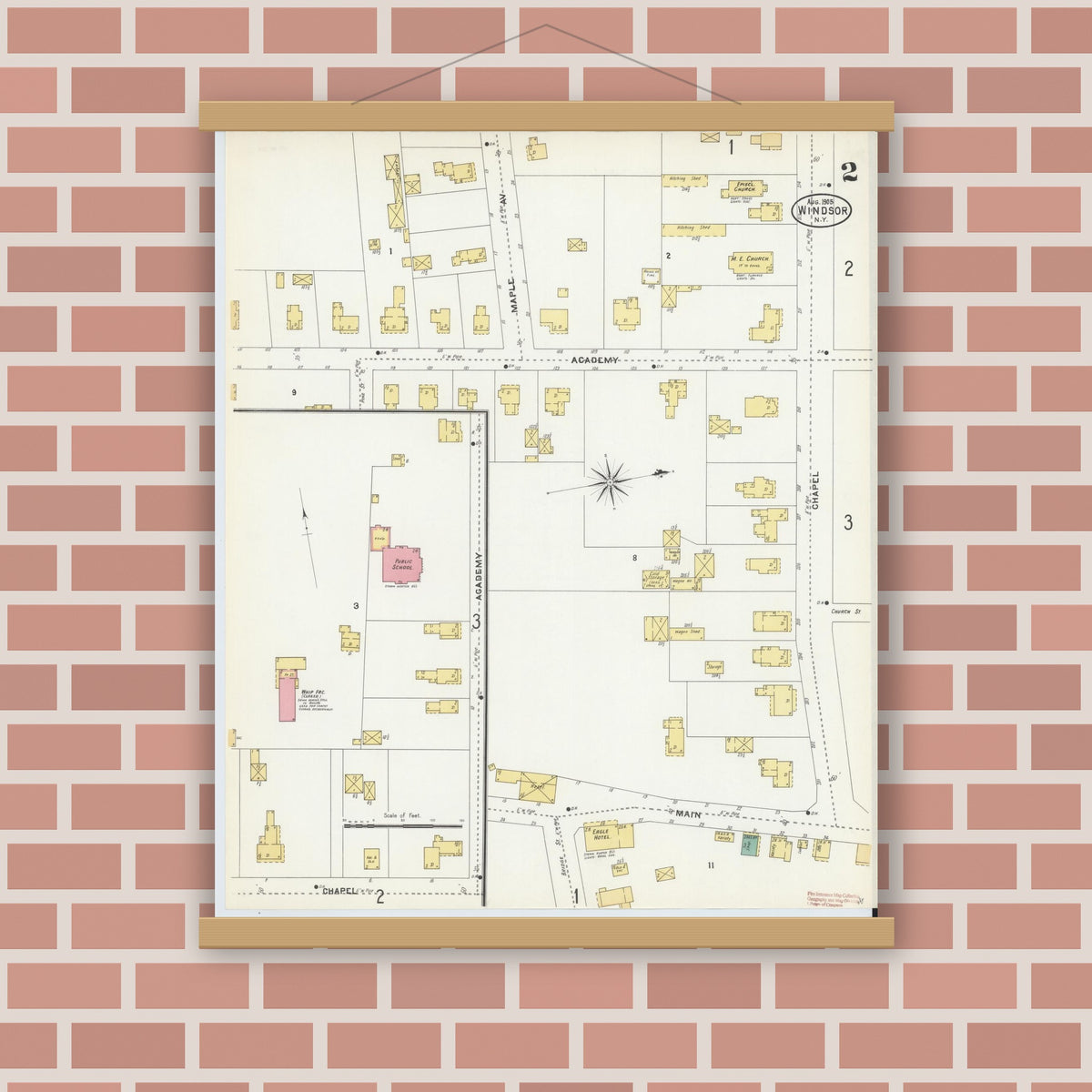 Old map wall art mockup — magnetic wood frame on brick wall — Sanborn Fire Insurance Map from Windsor, Broome County, New York (1905), Sheet #0002