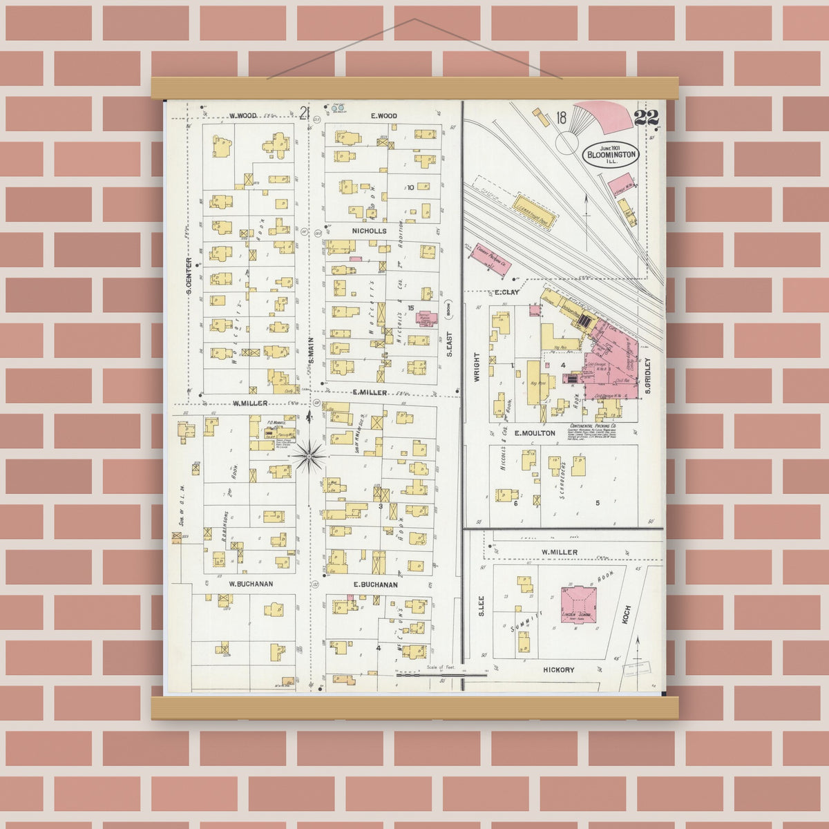 Old map wall art mockup — magnetic wood frame on brick wall — Sanborn Fire Insurance Map from Bloomington, McLean County, Illinois (1901), Sheet #0022