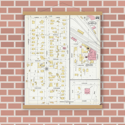 Old map wall art mockup — magnetic wood frame on brick wall — Sanborn Fire Insurance Map from Bloomington, McLean County, Illinois (1901), Sheet #0022