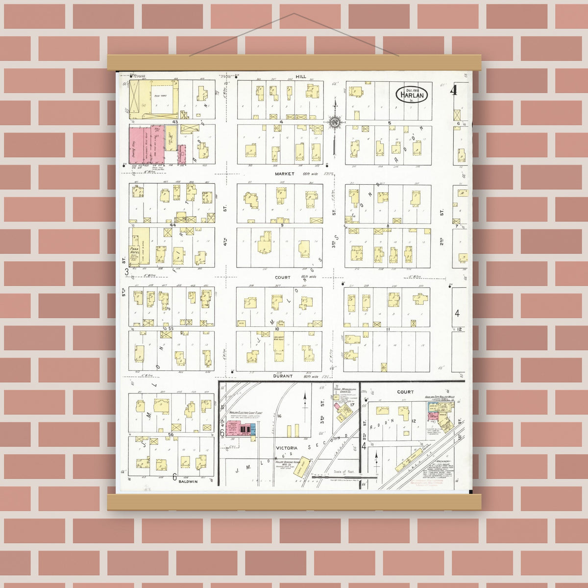 Old map wall art mockup — magnetic wood frame on brick wall — Sanborn Fire Insurance Map from Harlan, Shelby County, Iowa (1918), Sheet #0004