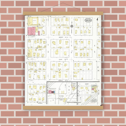 Old map wall art mockup — magnetic wood frame on brick wall — Sanborn Fire Insurance Map from Harlan, Shelby County, Iowa (1918), Sheet #0004