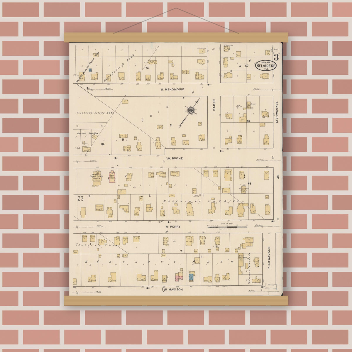 Old map wall art mockup — magnetic wood frame on brick wall — Sanborn Fire Insurance Map from Belvidere, Boone County, Illinois (1922), Sheet #0003