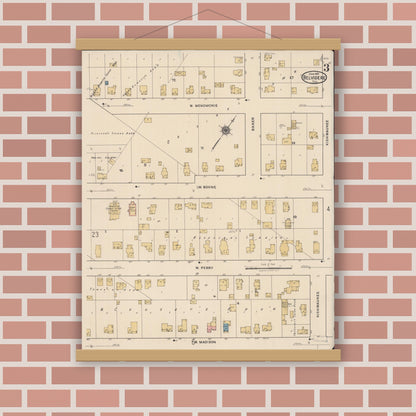 Old map wall art mockup — magnetic wood frame on brick wall — Sanborn Fire Insurance Map from Belvidere, Boone County, Illinois (1922), Sheet #0003