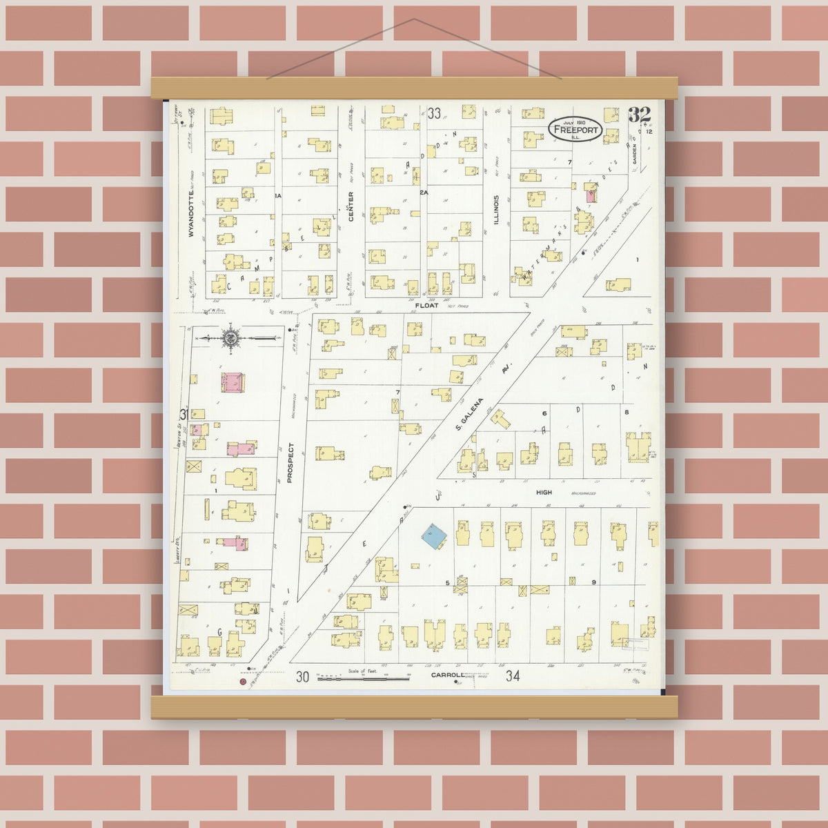 Old map wall art mockup — magnetic wood frame on brick wall — Sanborn Fire Insurance Map from Freeport, Stephenson County, Illinois (1910), Sheet #0032