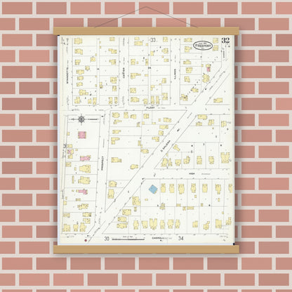Old map wall art mockup — magnetic wood frame on brick wall — Sanborn Fire Insurance Map from Freeport, Stephenson County, Illinois (1910), Sheet #0032