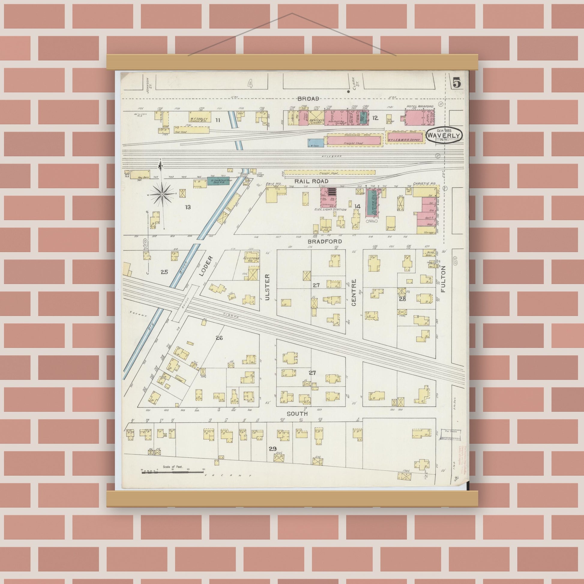 Old map wall art mockup — magnetic wood frame on brick wall — Sanborn Fire Insurance Map from Waverly, Tioga County, New York (1893), Sheet #0005