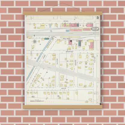 Old map wall art mockup — magnetic wood frame on brick wall — Sanborn Fire Insurance Map from Waverly, Tioga County, New York (1893), Sheet #0005