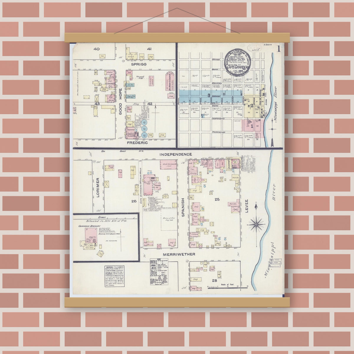 Old map wall art mockup — magnetic wood frame on brick wall — Sanborn Fire Insurance Map from Cape Girardeau, Cape Girardeau County, Missouri (1884) - Complete Map Set