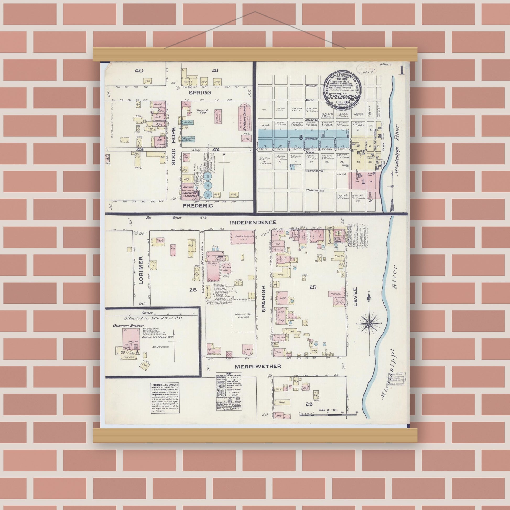 Old map wall art mockup — magnetic wood frame on brick wall — Sanborn Fire Insurance Map from Cape Girardeau, Cape Girardeau County, Missouri (1884) - Complete Map Set