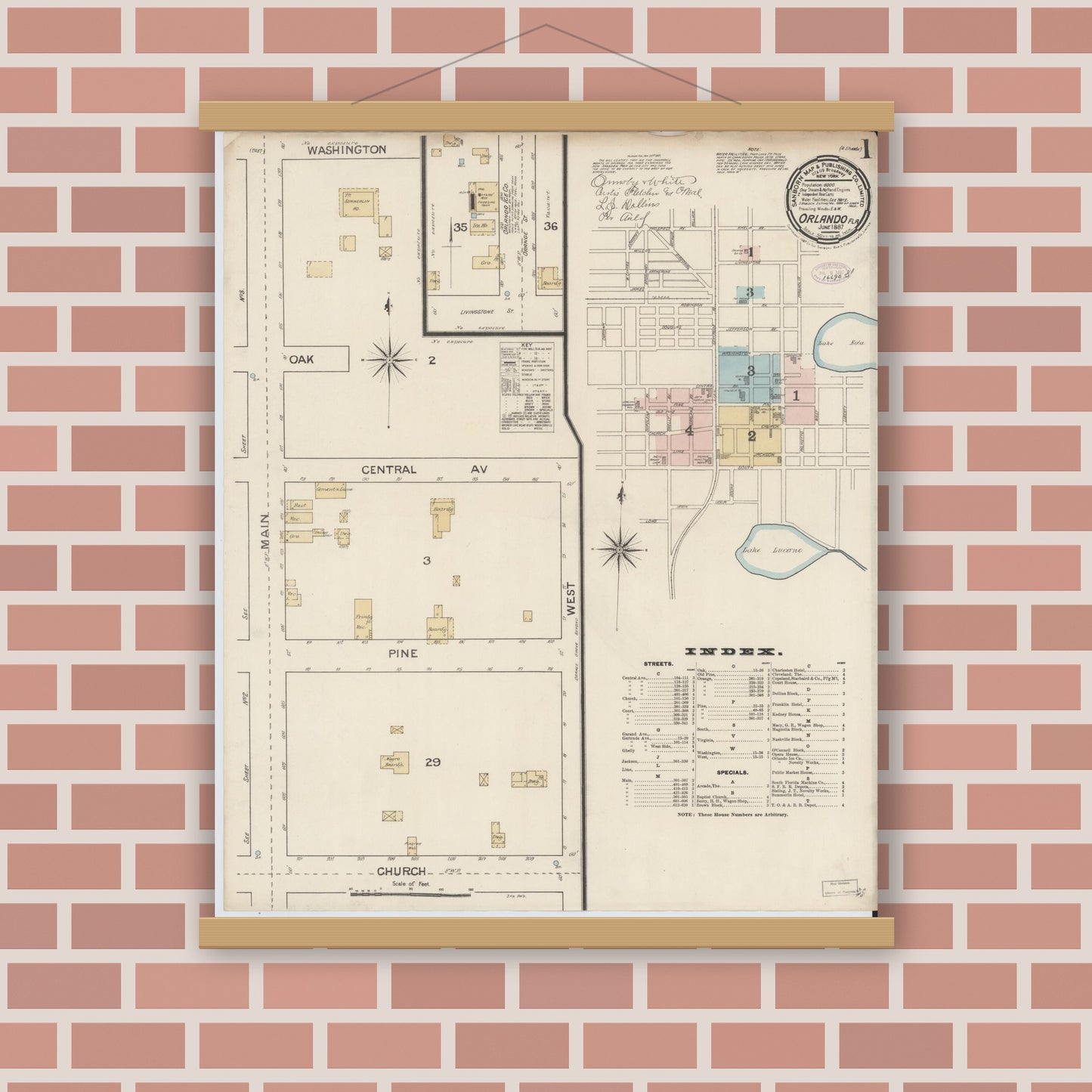 Old map wall art mockup — magnetic wood frame on brick wall — Sanborn Fire Insurance Map from Orlando, Orange County, Florida (1887) - Complete Map Set
