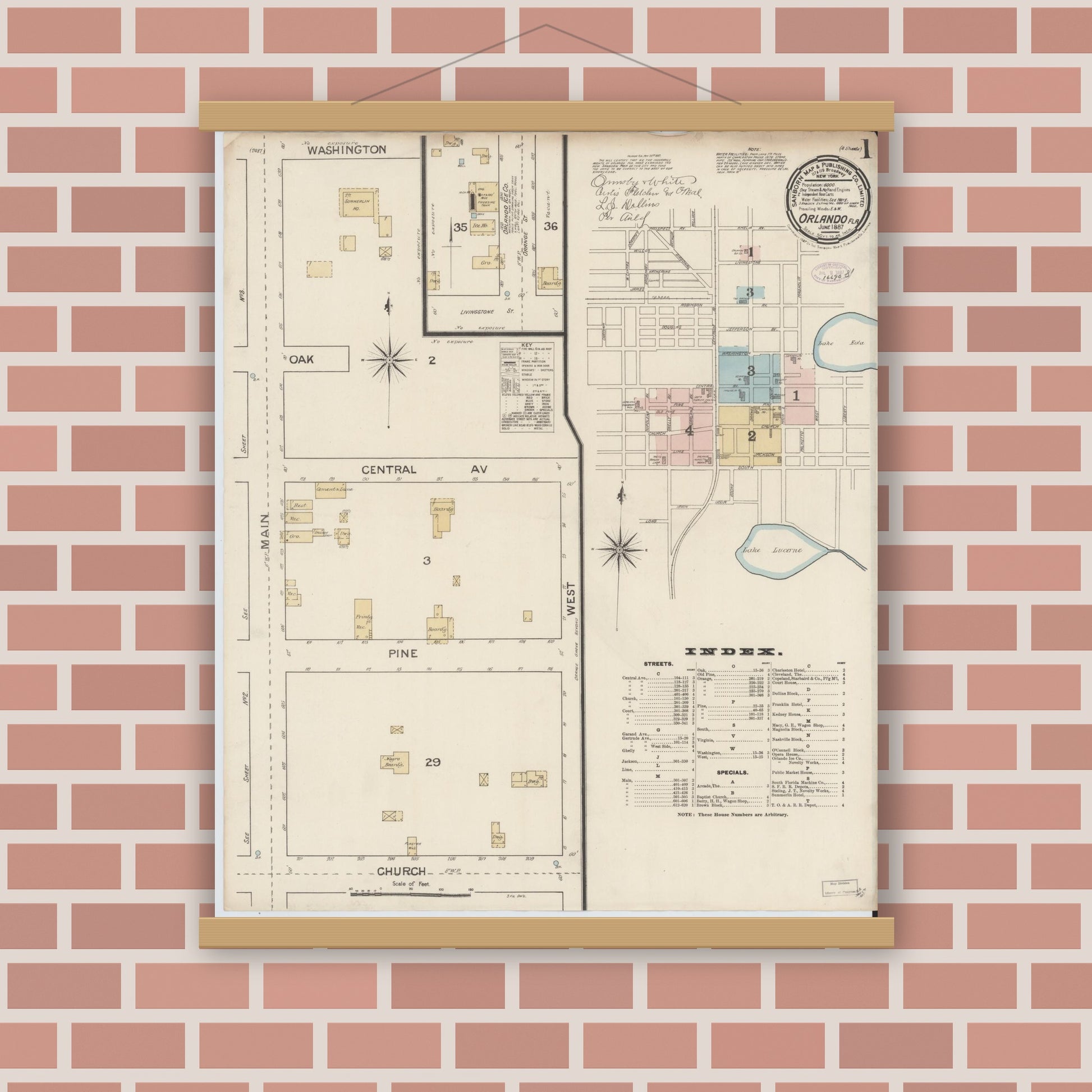 Old map wall art mockup — magnetic wood frame on brick wall — Sanborn Fire Insurance Map from Orlando, Orange County, Florida (1887) - Complete Map Set