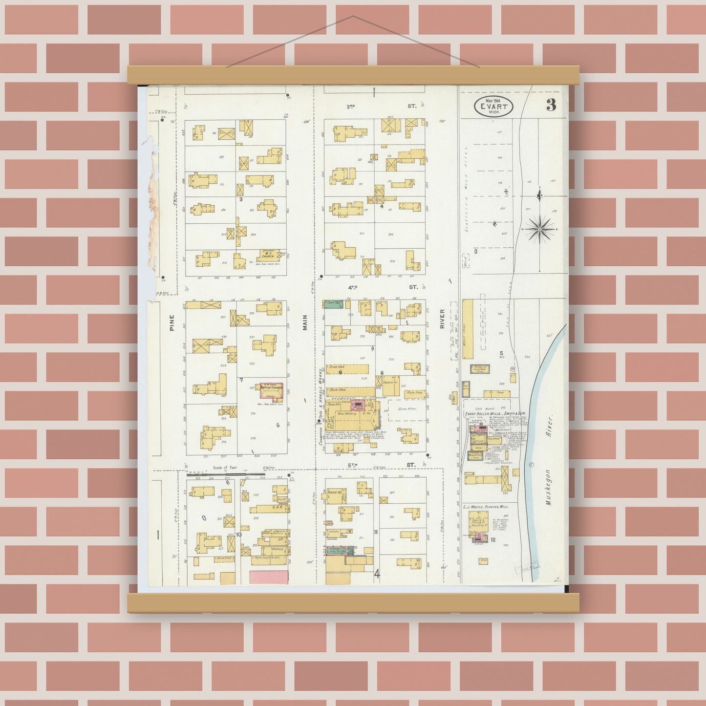 Old map wall art mockup — magnetic wood frame on brick wall — Sanborn Fire Insurance Map from Evart, Osceola County, Michigan (1904), Sheet #0003