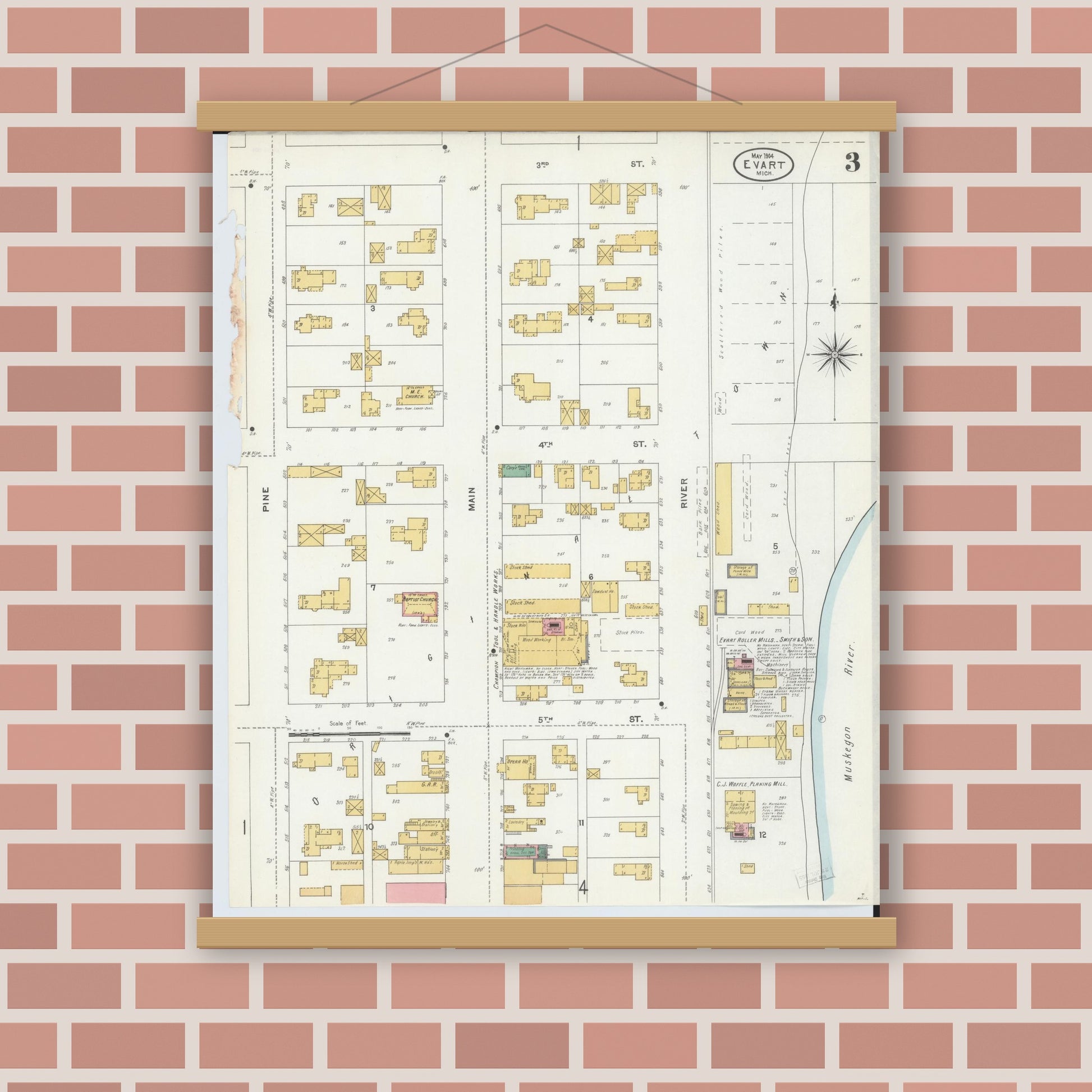 Old map wall art mockup — magnetic wood frame on brick wall — Sanborn Fire Insurance Map from Evart, Osceola County, Michigan (1904), Sheet #0003